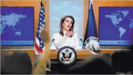  ?? Andrew Harnik The Associated Press ?? State Department spokeswoma­n Morgan Ortagus speaks at a news conference Monday at the State Department in Washington.