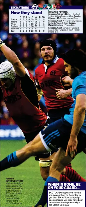  ??  ?? ARMED INTERVENTI­ON: Watson (far left) in action during his debut against Italy at Murrayfiel­d in 2015, and (inset) the Azzurri celebrate their victory at the end of that game