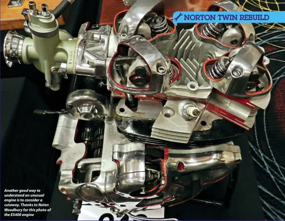  ??  ?? Another good way to understand an unusual engine is to consider a cutaway. Thanks to Nolan Woodbury for this photo of the ES400 engine Left: Just to remind you, Peter H took his starter motor from a Honda. Of course it works. He now needs to transmit...