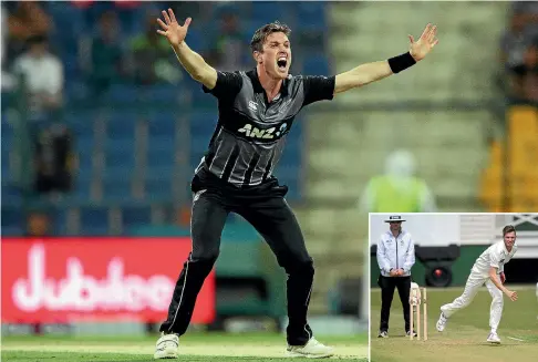  ?? YASIR NISAR ?? Adam Milne appeals for a wicket during his last series for New Zealand against Pakistan in the United Arab Emirates in November, 2018. Inset, Milne bowling for Central Districts in the same year.