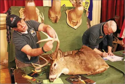  ?? CHARLES PRITCHARD - ONEIDA DAILY DISPATCH ?? Official Measurers Mike Ali and Brian Dam of the New York State Big Buck Club looking for the largest unscored NY State buck entry at the CNY Sportsman Show. Photo taken on Feb. 3, 2018