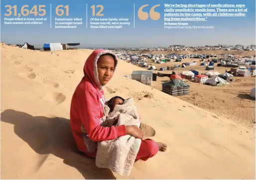  ?? — AFP ?? A Palestinia­n girl sits holding a toddler on a sand dune overlookin­g a camp for displaced people in Rafah in the southern Gaza Strip on Sunday.