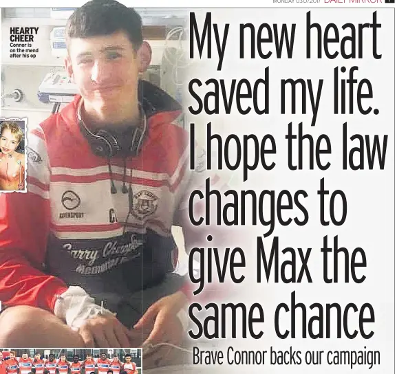  ??  ?? PLIGHT Front page about Max SUPPORT Connor with East Leeds U14s rugby league side