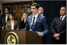  ?? RESHMA KIRPALANI / AMERICAN-STATESMAN ?? U.S. Attorney John Bash talks Monday about the federal arrest
affidavit filed against Austin bomber Mark Conditt on March 20, just hours before Conditt’s death. The criminal complaint was dismissed after his death.