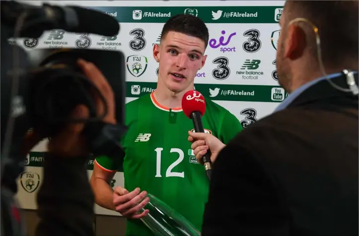  ??  ?? Declan Rice speaks to the media after his last appearance for Ireland last June.