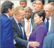  ?? AP ?? Internatio­nal Olympic Committee member John Coates (centre) with Tokyo Governor Yuriko Koike during a meeting on Friday.