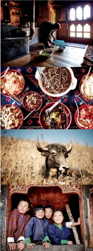  ??  ?? Opposite page, clockwise from top left: buckwheat noodles; making the staple ingredient; men arrive home; lunch at Sherab Dema Farmhouse; sunrise over Chimi Lhakhang; harvesting buckwheat; prayer flags across the ‘Burning Lake’ of Bumthang; local...