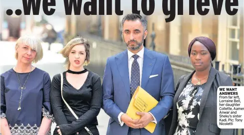  ??  ?? WE WANT ANSWERS From far left, Lorraine Bell, her daughter Collette, Aamer Anwar and Sheku’s sister Kadi. Pic: Tony Nicoletti
