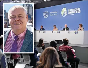  ?? ?? ● Council leader Neil Emmott (inset) spoke about Rochdale’s climate change plans at Cop26 in Glasgow