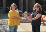  ?? PHOTO COURTESY OF BRIAN W. MATTHEWS ?? Troy Library Director Cathy Russ hands the award to Heart of a Champion Recipient Sue Matthews.