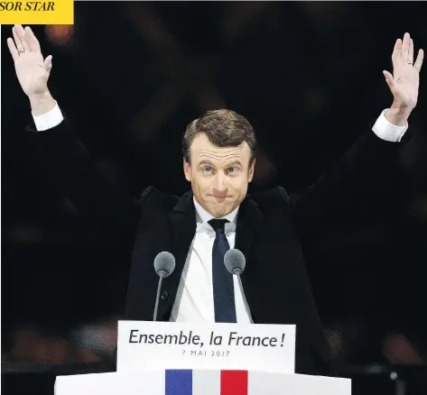  ?? THIBAULT CAMUS / THE ASSOCIATED PRESS ?? French president-elect Emmanuel Macron, 39, celebrates his election win outside the Louvre museum in Paris on Sunday.