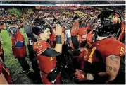  ?? [AP PHOTO] ?? Iowa State quarterbac­k Brock Purdy celebrates with teammates after a victory over Baylor last week.