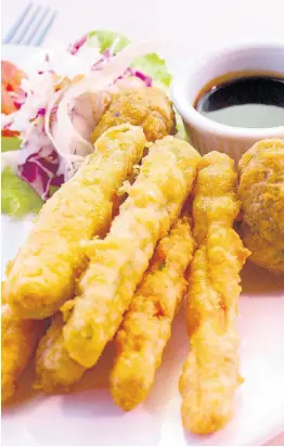  ??  ?? Tempura vegetables anyone? These fresh market vegetables dipped in the signature tempura sauce.