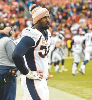  ??  ?? Broncos outside linebacker Von Miller, the MVP of Super Bowl 50, will have a salary cap hit of $25.6 million in 2019, when he turns 30 years old. That’s money that typically goes only to star quarterbac­ks in the QB-powered NFL.