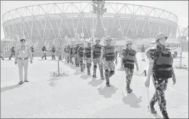  ?? ANI PHOTO ?? Rapid Action Force patrol at the Sardar Patel Gujarat stadium ahead of US President Donald Trump's visit, in Ahmedabad on Friday.