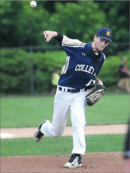  ?? Photo by Ernest A. Brown ?? Collette Riverside Post 10 pitcher Brenden Aldridge (above), who played in high school for St. Raphael Academy, allowed just two runs on six hits in a complete-game victory over South Kingstown Post 39 Thursday night at Pierce Field.