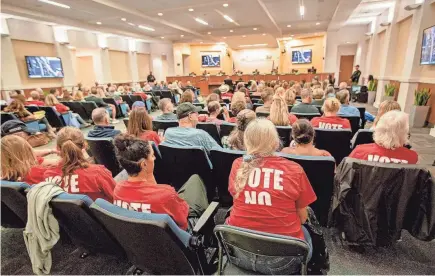  ?? BILL INGRAM/THE PALM BEACH POST ?? Wellington residents, some wearing “Vote no” red T-shirts, attend a Village of Wellington Council meeting Tuesday.