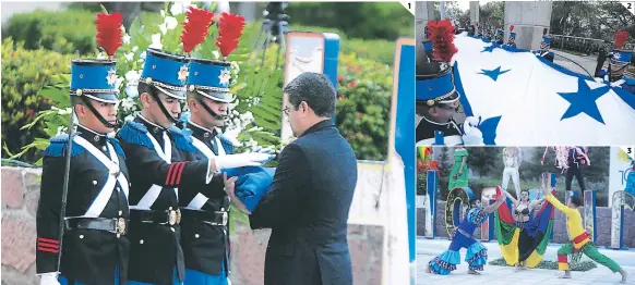  ?? FOTOS: ROMERO/IRÍAS/URRUTIA ?? (1) Momento en que el Pabellón Nacional era recibido por el presidente de la nación, Juan Orlando Hernández. (2) Los homenajes comenzaron en el Monumento a la Paz, en el cerro Juana Laínez. (3) Música y danzas fueron el atractivo que llenó de color la...