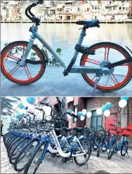  ?? OUYANG SHIJIA / CHINA DAILY AND PROVIDED TO CHINA DAILY ?? New models of Mobike (top) and Bluegogo unveiled by bike-sharing startups Mobike Inc and Bluegogo Internatio­nal Inc.