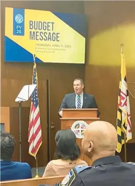  ?? LIA RUSSELL/STAFF ?? Baltimore County Executive Johnny Olszewski Jr. presents the fiscal year 2025 budget to the county council on Thursday morning.