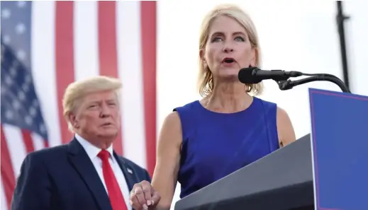  ?? MICHAEL B. THOMAS/GETTY IMAGES ?? U.S. Rep. Mary Miller, R-Ill., speaks after receiving an endorsemen­t from former President Donald Trump on June 25 in downstate Mendon.