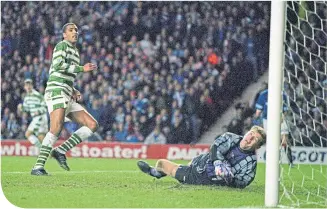  ??  ?? Andy Goram denies Pierre van Hooijdonk from pointblank range in 1995, one of the many stunning saves ‘The Goalie’ made against Celtic