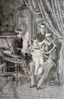  ??  ?? UN HOMBRE DE FAMILIA.
Ilustració­n de Giacomo Di Chirico que muestra a Amadeo con sus tres hijos, nacidos de su matrimonio con M.ª Victoria Enriqueta Juana dal Pozzo: Manuel Filiberto, Víctor Manuel y Luis Amadeo, que nació en España poco antes de que su padre abdicara, el 29 de enero de 1873.