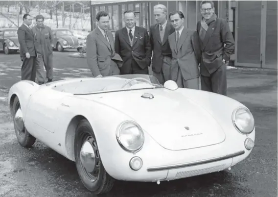  ??  ?? Above: Left to right – Ferry Porsche, Kurt Ahrens, race director Wilhelm Hild, Ernst Fuhrmann and Huschke von Hanstein with the first customer 550 (chassis #5550018), which Ahrens had just purchased. The date is 15 January 1955