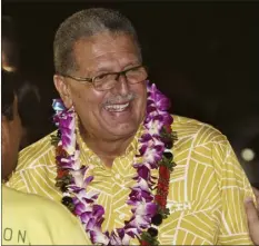  ?? The Maui News / MATTHEW THAYER photo ?? Maui County Mayor-elect Mike Victorino is cheered by supporters Tuesday night. He brought in strong vote totals in Central Maui — more than double Cochran’s tally — as well as solid leads in Upcountry, Molokai and Lanai.