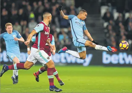  ?? Picture: Getty ?? RISING TO THE CHALLENGE: Gabriel Jesus has an acrobatic effort for Manchester City in an impressive debut.