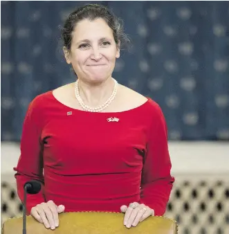  ?? DREW ANGERER/GETTY IMAGES ?? Foreign Affairs Minister Chrystia Freeland arrives for a meeting with the House Ways and Means Committee on Wednesday in Washington. In a sign the NAFTA deal could be in trouble, the U.S., Canada and Mexico extended the negotiatio­ns for two extra days...