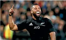  ?? PHOTOSPORT ?? Lima Sopoaga reacts after scoring try for the All Blacks against South Africa last year.