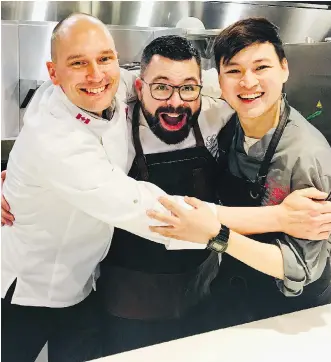  ??  ?? Chef Mathieu Parè, left, executive director at Canadian Beef Centre of Excellence, chef Jean-Francois Fortin, executive chef at the Fairmont Chateau Lake Louise, and chef Anton Amoncio of the Philippine­s.