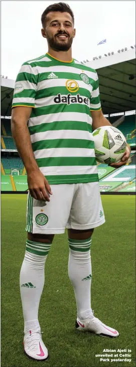  ??  ?? Albian Ajeti is unveiled at Celtic Park yesterday