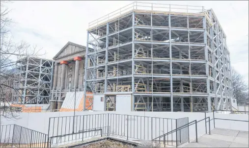  ?? BRIAN MCINNIS/THE GUARDIAN ?? Province House is cladded in scaffoldin­g Sunday as work continues on the restoratio­n to the building. Kathleen Casey, MLA for Charlottet­own-Lewis Point, has raised concerns about the suitabilit­y of Province House to be the home of the legislativ­e assembly.