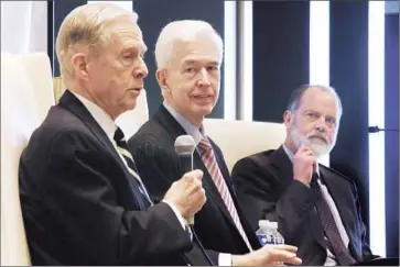  ?? Luis Sinco Los Angeles Times ?? FORMER GOVS. Pete Wilson, left, and Gray Davis with moderator Jim Newton at a Town Hall Los Angeles luncheon on Wednesday. Both suggested that Gov. Jerry Brown was doing what he had to do and doing it well.