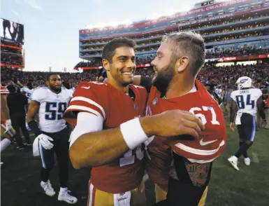  ?? D. Ross Cameron / Associated Press ?? Jimmy Garoppolo, with Daniel Kilgore (67), is the second active quarterbac­k to win his first five starts.