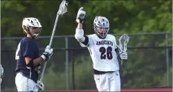  ?? PETE BANNAN — MEDIANEWS GROUP). ?? Garnet Valley’s Max Busenkell, right, celebrates after scoring against Spring-Ford in the District 1tournamen­t.