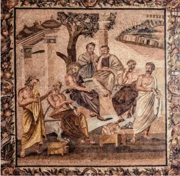  ?? Foto: Mauritius ?? „Agon“hieß der friedliche Wettstreit im freien Austausch der Argumente bei den alten Griechen – vorbildlic­h praktizier­t für die späteren Universitä­ten in Platons Akademie, hier dargestell­t auf einem Mosaik aus Pompeji.