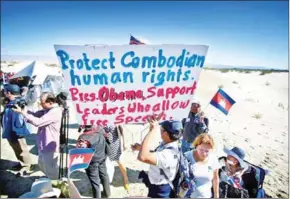  ?? SUPPLIED ?? Protesters turn out for Prime Minister Hun Sen’s arrival at the US-Asean summit in Sunnylands, California, in 2016. Organisers say they are planning similar protests around the world in response to the arrest of Kem Sokha.