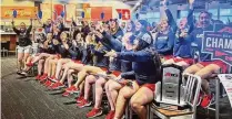  ?? DAVID JABLONSKI/STAFF ?? The Dayton softball team reacts to the NCAA tournament bracket announceme­nt on Sunday at UD Arena. The Flyers drew Tennessee in the first round.