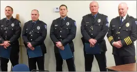  ?? MEDIANEWS GROUP FILE PHOTO ?? New Hanover Police Officers Michael Salvo, Dennis Psota, Detective Dekkar Dyas, along with Sgt. William Moyer and Chief Kevin McKeon, at the presentati­on of commendati­ons to the three officers in 2017.