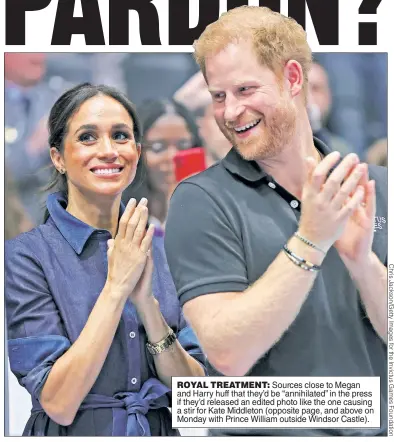  ?? ?? ROYAL TREATMENT: Sources close to Megan and Harry huff that they’d be “annihilate­d” in the press if they’d released an edited photo like the one causing a stir for Kate Middleton (opposite page, and above on Monday with Prince William outside Windsor Castle).
