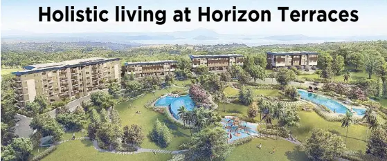  ??  ?? Horizon Terraces consists of a residentia­l mix of Asian-contempora­ry garden suites and villas terraced-designed to present unobstruct­ed views of the Taal Lake and Volcano, Mt. Makiling, Midlands Golf Course and the community’s central park.