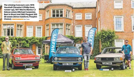  ??  ?? The winning Concours cars: 1978 Vauxhall Chevette E (Philip Hunt, runner-up), 1977 Morris Marina 1.3 Deluxe estate (Michael Carpenter, Best in Show) and 1982 Peugeot 305 SR estate (Simon Gaisford, People’s Choice). PHOTOGRAPH