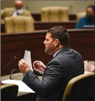  ?? (Arkansas Democrat-Gazette/Staci Vandagriff) ?? Sen. Bart Hester, R-Cave Springs, talks about Senate procedures during the Senate Efficiency Committee meeting Wednesday at the Multi-Agency Complex at the state Capitol.