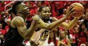 ?? RONALD MARTINEZ / GETTY IMAGES ?? Golden State’s Kevin Durant drives against Houston’s Clint Capela in Game 5 of the Western Conference finals Thursday in Houston.