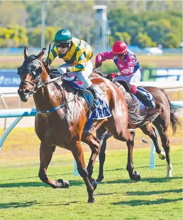  ?? Picture: SCOTT RADFORD-CHISHOLM ?? PICK-ME-UP: Jockey Adam Spinks rides Allround Glory to victory by half a length in the $14,000 Open Handicap (1000m) at Cluden Park.