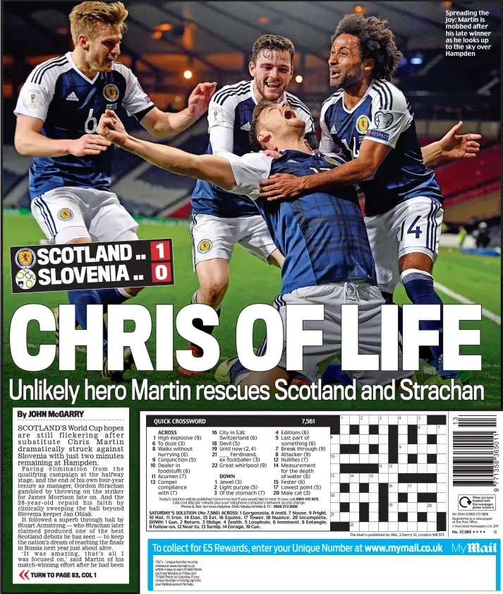  ??  ?? Spreading the joy: Martin is mobbed after his late winner as he looks up to the sky over Hampden