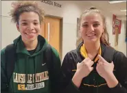  ?? ED MORLOCK — MEDIANEWS GROUP ?? Lansdale Catholic’s Jaida Helm (left) and Gabby Casey led the Crusaders to a 42-39 win over Archbishop Carroll on Thursday.